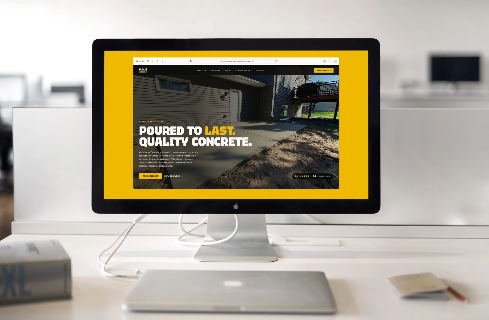The A&J Concrete site, custom built, on an iMac